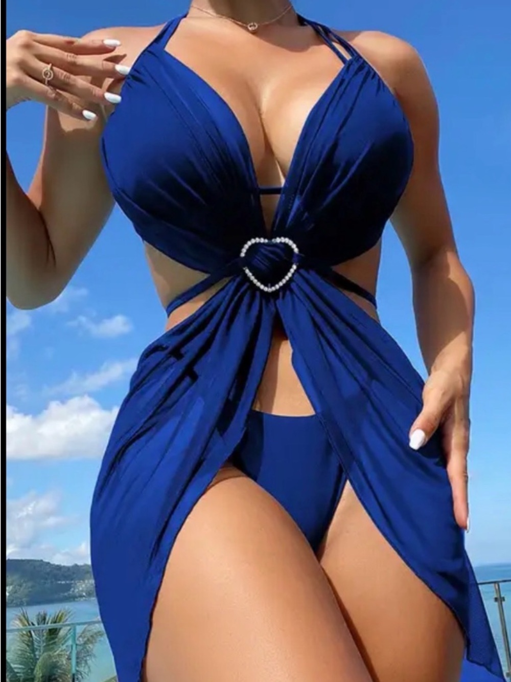 Blue Heart-Accent Cutout One-Piece Swimdress
